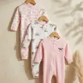 Nube Soft Pamuklu Waffle Dokulu Pembe Bulut ve Sevimli İnek Desenli 3’lü Bebek Tulum Seti - Fermuarlı ve Korumalı Yumuşak İnterlok Kumaş