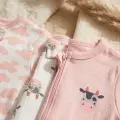 Nube Soft Pamuklu Waffle Dokulu Pembe Bulut ve Sevimli İnek Desenli 3’lü Bebek Tulum Seti - Fermuarlı ve Korumalı Yumuşak İnterlok Kumaş