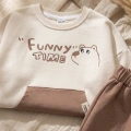 Milo Unisex Çocuk Bej & Ekru Funny Time Ayıcık Baskılı Kanguru Cepli Sweatshirt ve Jogger Alt Üst Takım