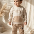 Milo Unisex Çocuk Bej & Ekru Funny Time Ayıcık Baskılı Kanguru Cepli Sweatshirt ve Jogger Alt Üst Takım
