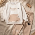 Milo Unisex Çocuk Bej & Ekru Funny Time Ayıcık Baskılı Kanguru Cepli Sweatshirt ve Jogger Alt Üst Takım
