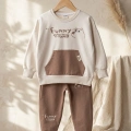 Milo Unisex Çocuk Bej & Ekru Funny Time Ayıcık Baskılı Kanguru Cepli Sweatshirt ve Jogger Alt Üst Takım