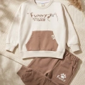 Milo Unisex Çocuk Bej & Ekru Funny Time Ayıcık Baskılı Kanguru Cepli Sweatshirt ve Jogger Alt Üst Takım
