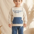 Milo Unisex Çocuk Bej & Mavi Funny Time Ayıcık Baskılı Kanguru Cepli Sweatshirt ve Jogger Alt Üst Takım
