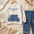 Milo Unisex Çocuk Bej & Mavi Funny Time Ayıcık Baskılı Kanguru Cepli Sweatshirt ve Jogger Alt Üst Takım