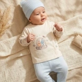 Nova Pamuklu 3’lü Bebek Takımı - 0-3 Ay Mavi Fitilli Legging, Uzay Temalı Kruvaze Üst Alt ve Bere Seti