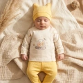 Nova Pamuklu 3’lü Bebek Takımı - 0-3 Ay Sarı Fitilli Legging, Uzay Temalı Kruvaze Üst Alt ve Bere Seti