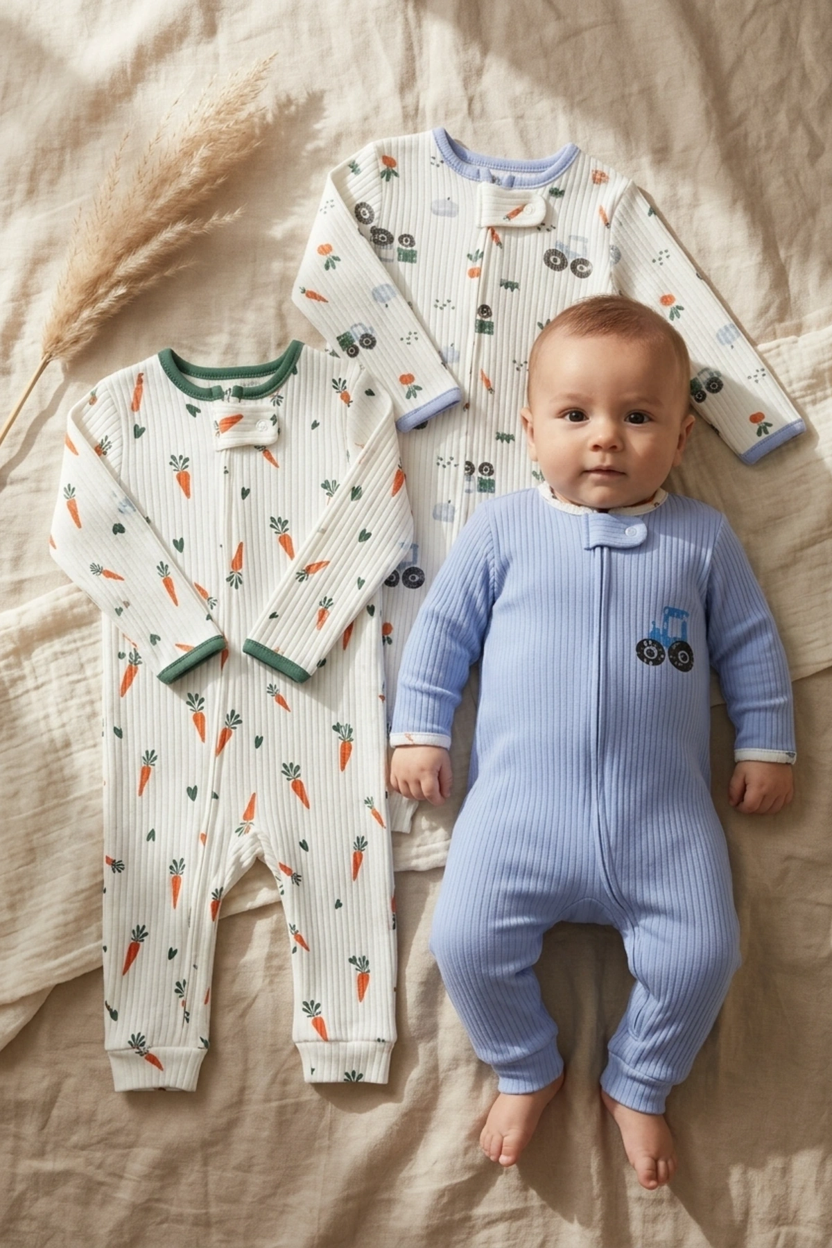 3lü Paket Pamuklu Fitilli Bebek Tulum Seti - Havuç ve Traktör Desenli Fermuarlı Tulum Seti