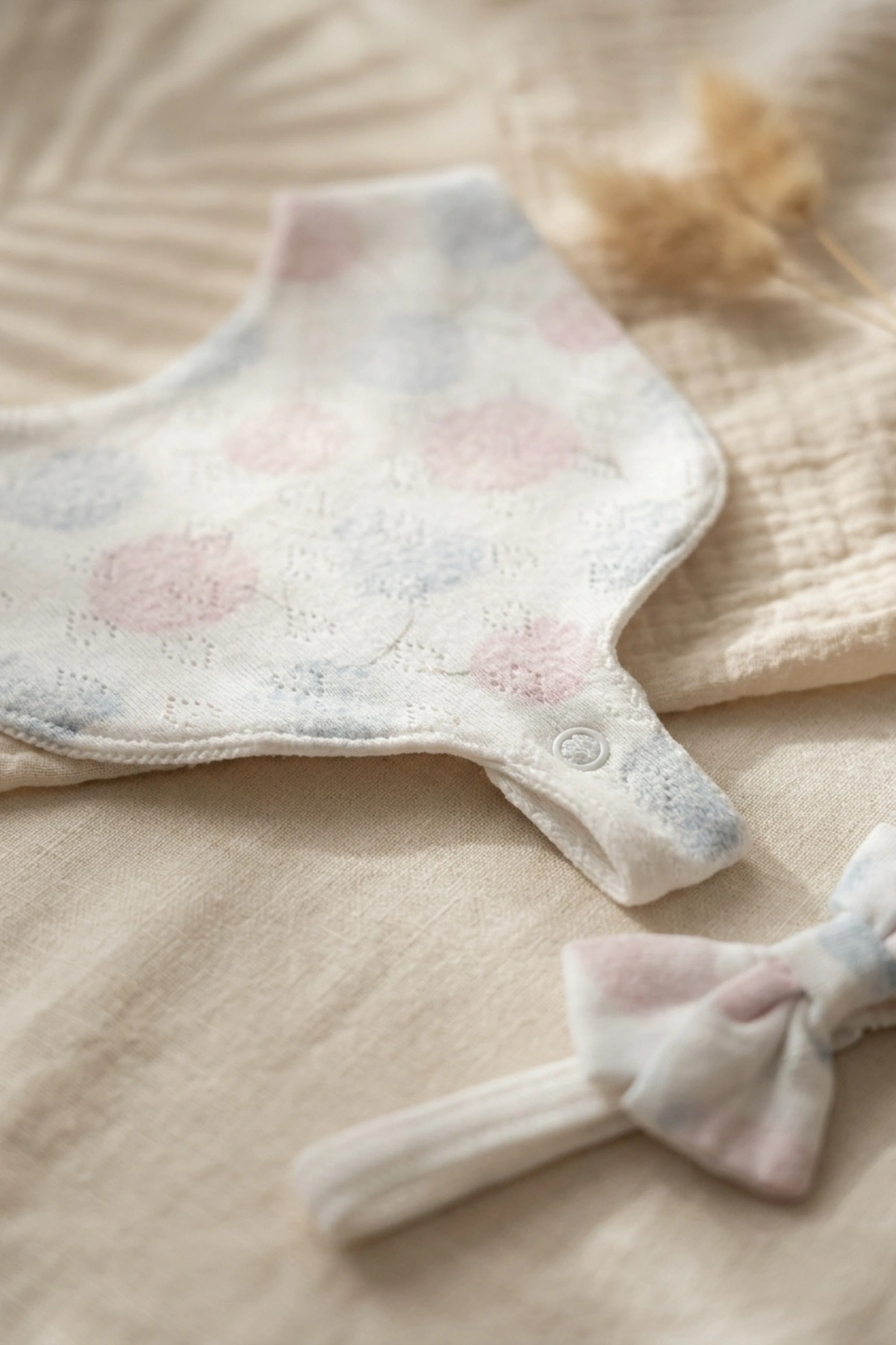 Aura Pastel Pointelle 3lü Bebek Seti - %100 Pamuklu Nefes Alan Örme Kumaş, Bandana Önlük, Çıtçıtlı Mama Önlüğü ve Fiyonk Saç Bandı