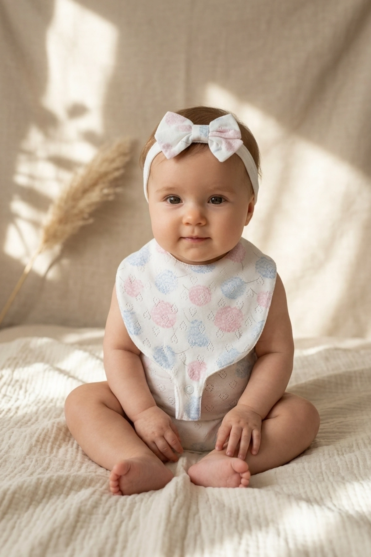 Aura Pastel Pointelle 3lü Bebek Seti - %100 Pamuklu Nefes Alan Örme Kumaş, Bandana Önlük, Çıtçıtlı Mama Önlüğü ve Fiyonk Saç Bandı