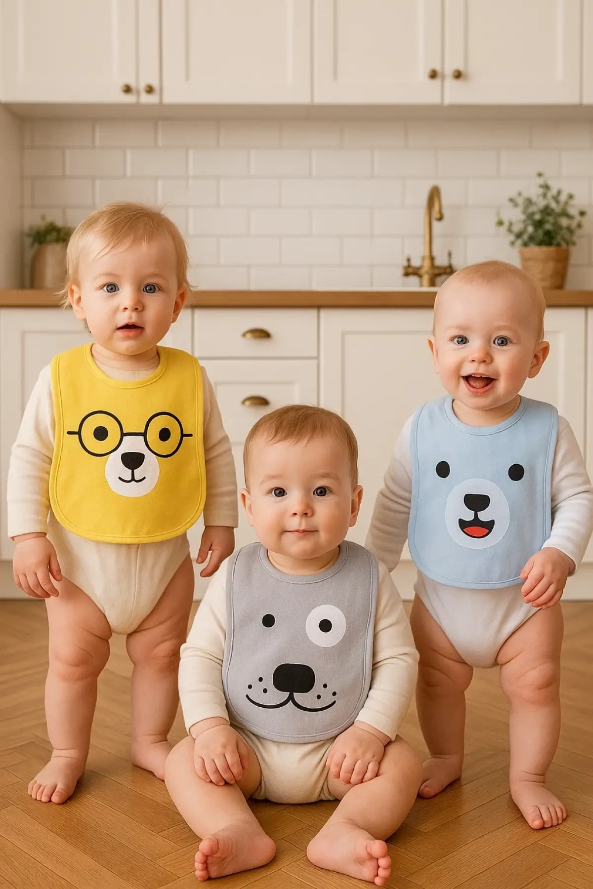 Bear Desenli 3lü Sıvı Geçirmez Bebek Mama Önlüğü 0-18 Ay - Sarı