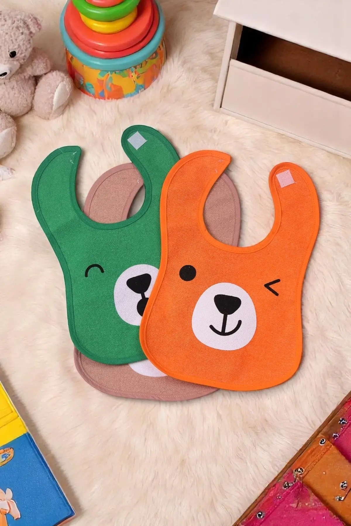 Bear Desenli 3lü Sıvı Geçirmez Bebek Mama Önlüğü 0-18 Ay - Turuncu