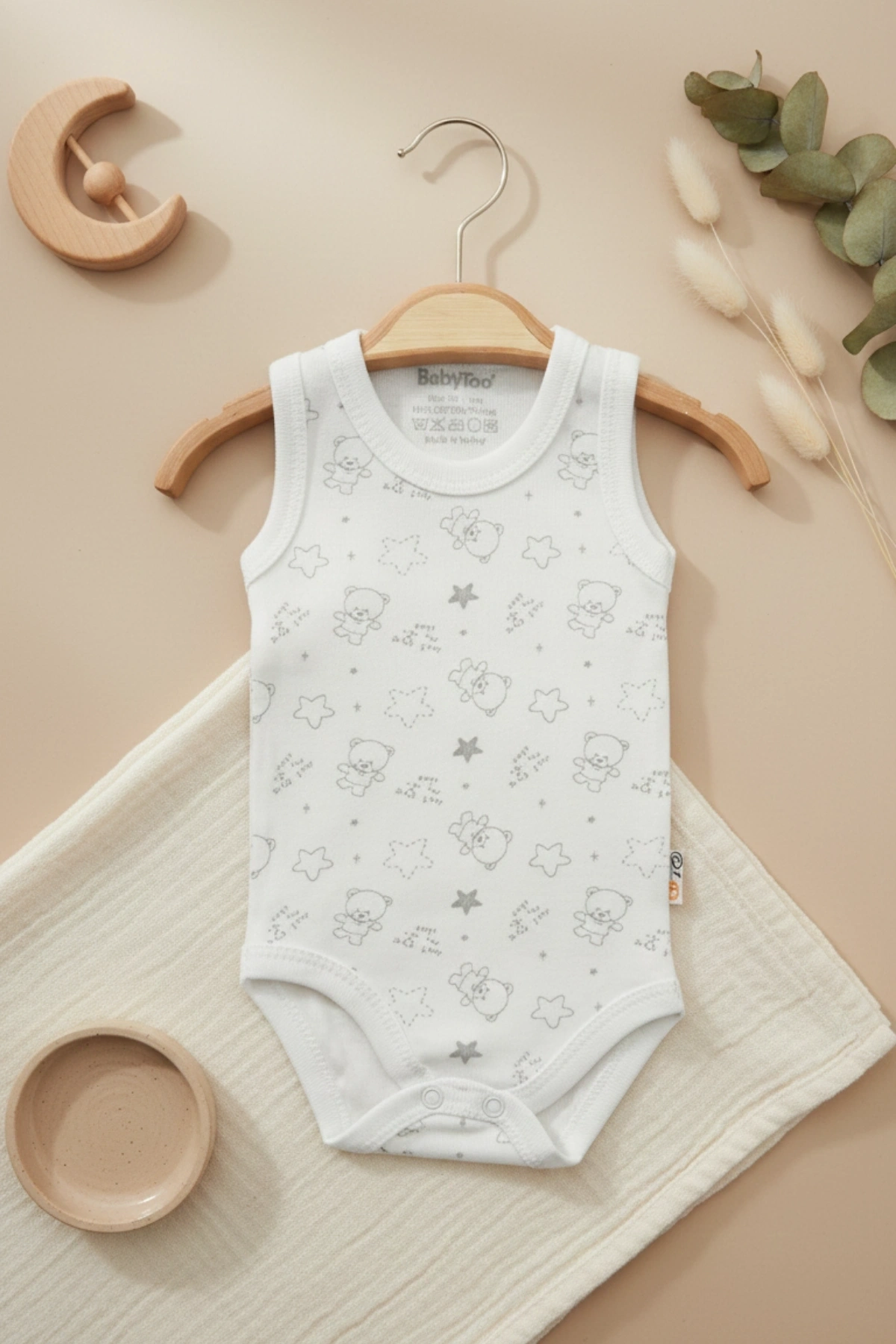 Bear Desenli Kolsuz Erkek Bebek Body %100 Pamuk