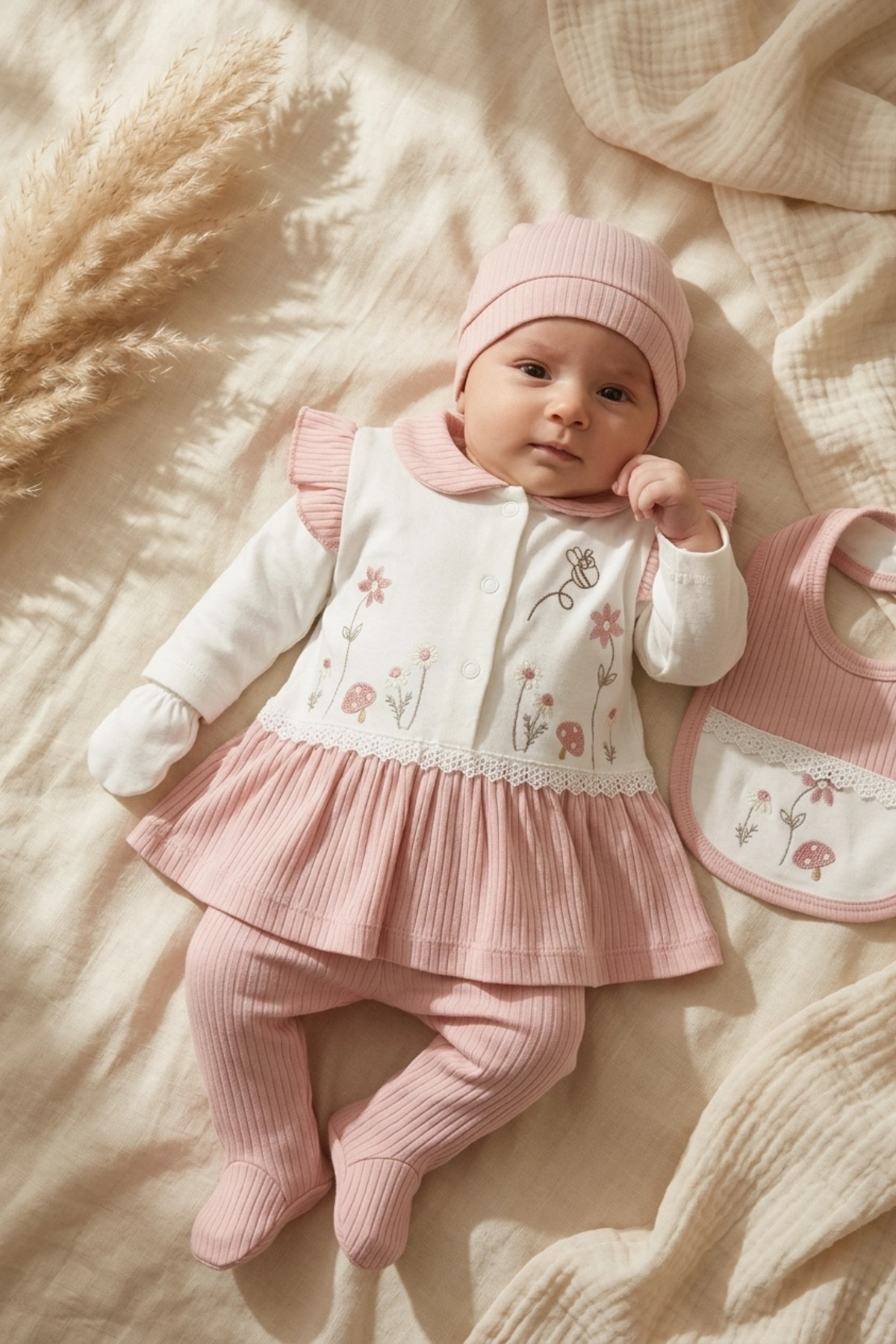 Mia Flora 5li Bebek Hastane Çıkışı - Gülkurusu Çiçek Nakışlı Ribanalı Pamuklu Bebek Seti