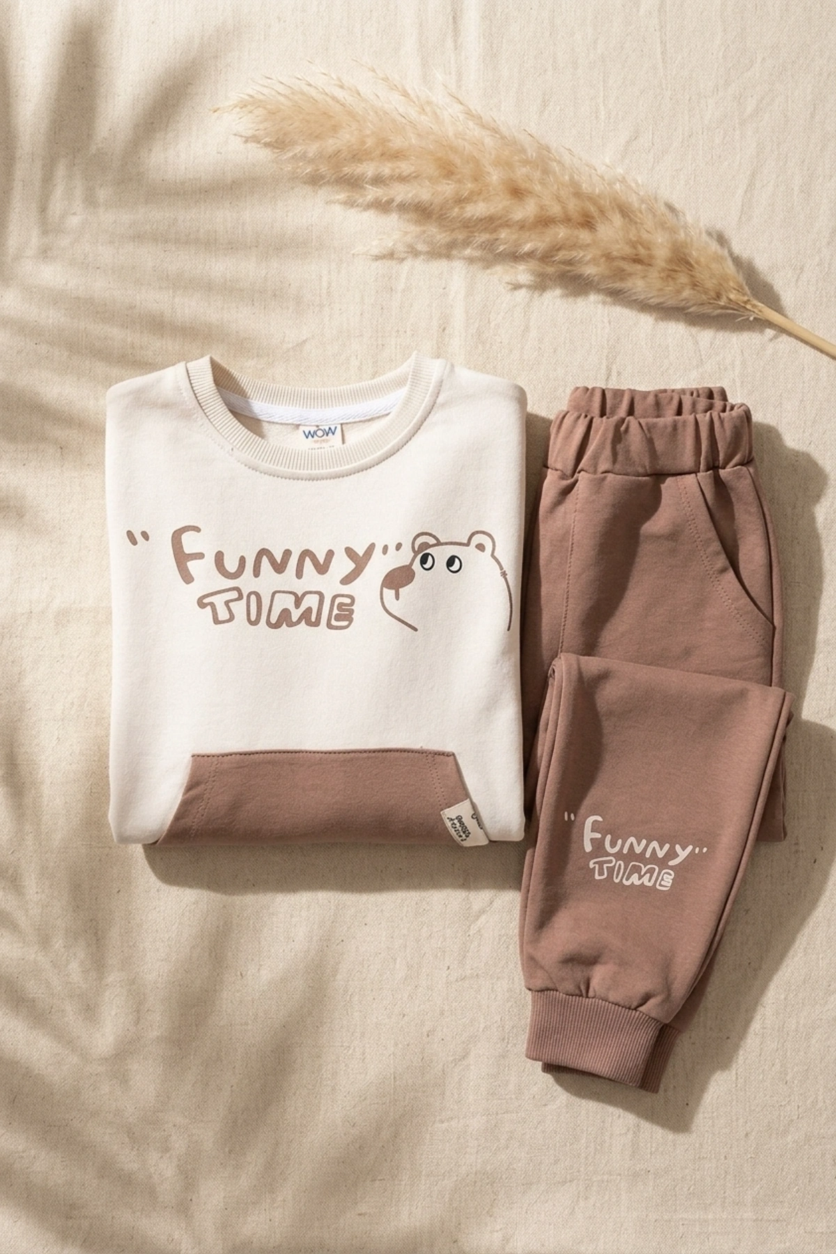 Milo Unisex Çocuk Bej & Ekru Funny Time Ayıcık Baskılı Kanguru Cepli Sweatshirt ve Jogger Alt Üst Takım