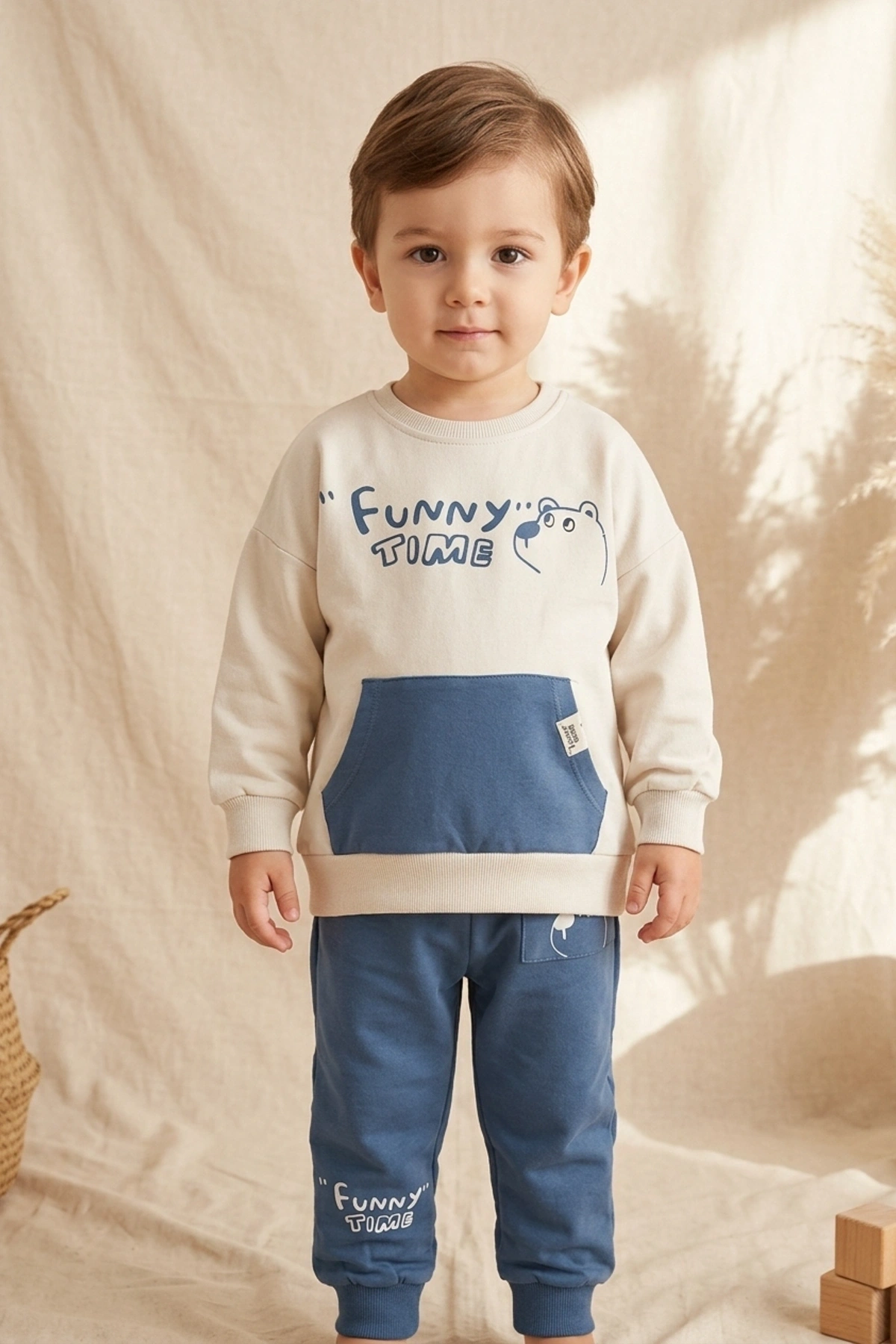 Milo Unisex Çocuk Bej & Mavi Funny Time Ayıcık Baskılı Kanguru Cepli Sweatshirt ve Jogger Alt Üst Takım
