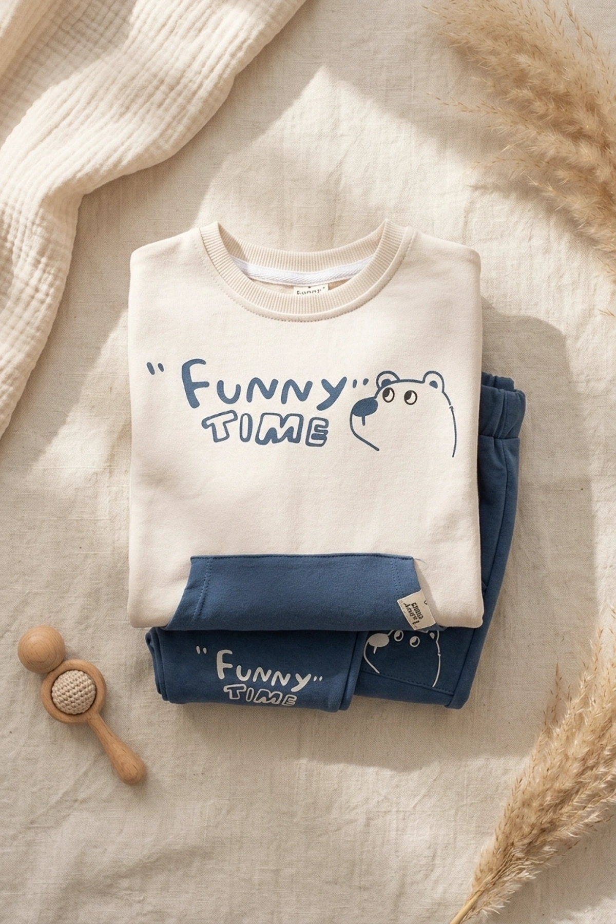 Milo Unisex Çocuk Bej & Mavi Funny Time Ayıcık Baskılı Kanguru Cepli Sweatshirt ve Jogger Alt Üst Takım
