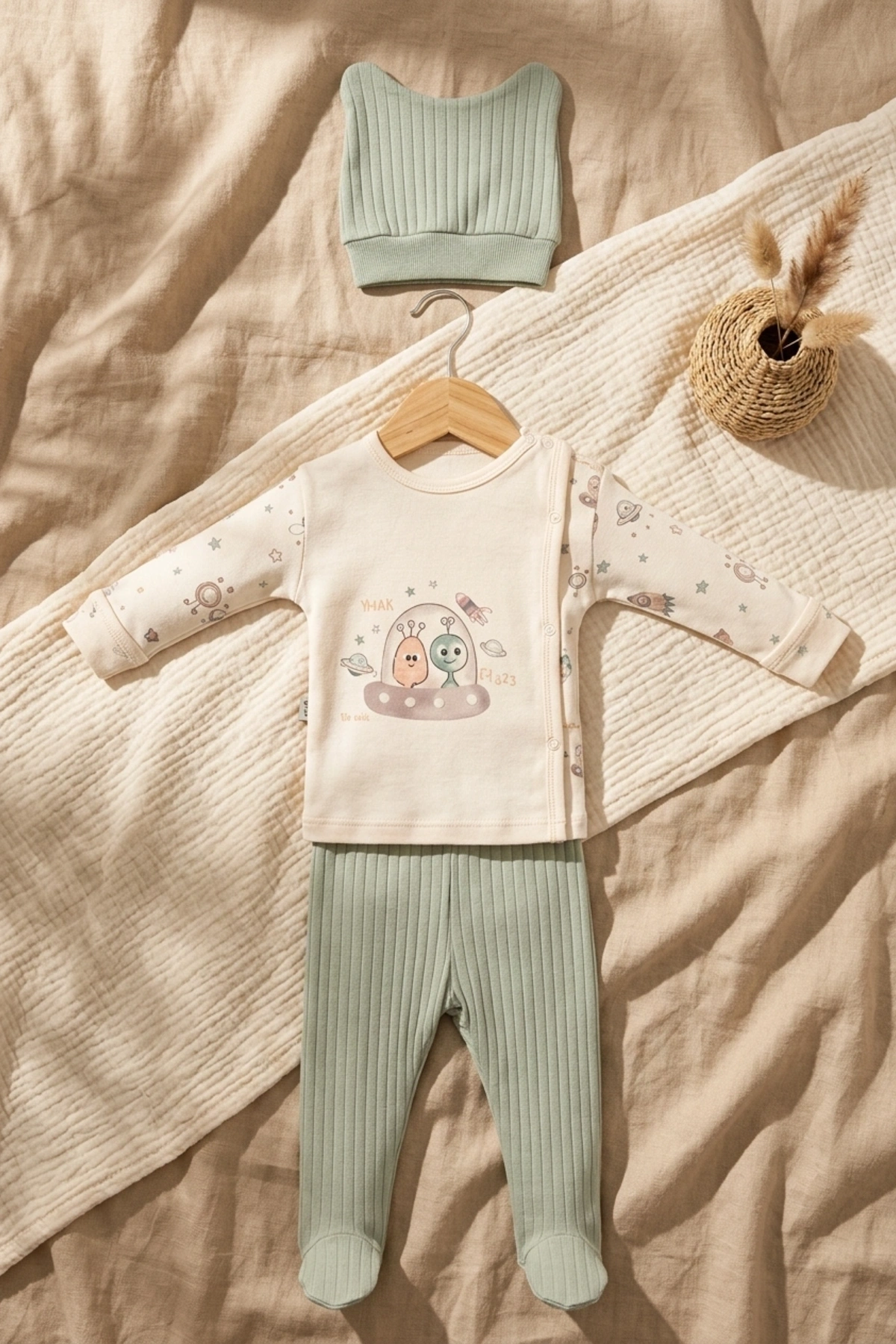 Nova Pamuklu 3’lü Bebek Takımı - 0-3 Ay Mint Yeşili Fitilli Legging, Uzay Temalı Kruvaze Üst Alt ve Bere Seti