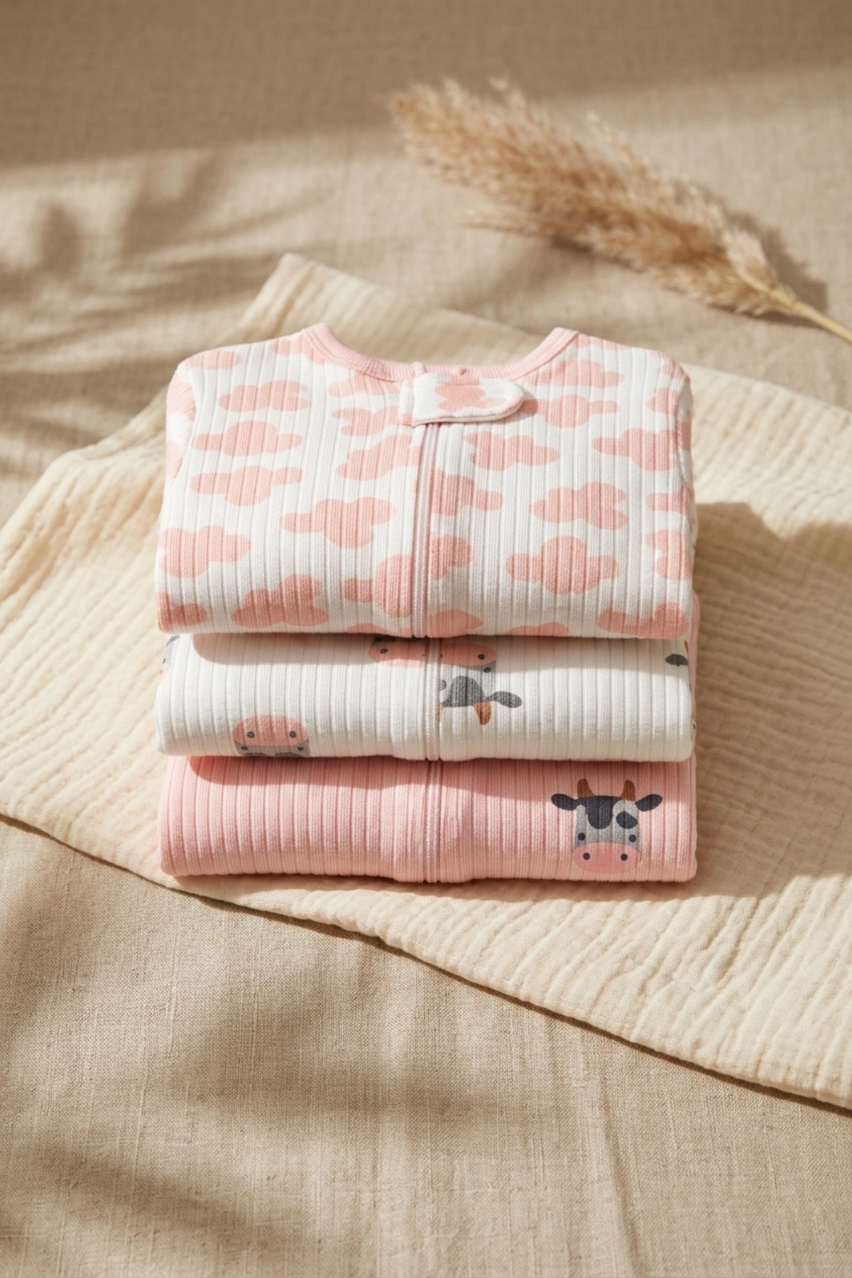 Nube Soft Pamuklu Waffle Dokulu Pembe Bulut ve Sevimli İnek Desenli 3’lü Bebek Tulum Seti - Fermuarlı ve Korumalı Yumuşak İnterlok Kumaş