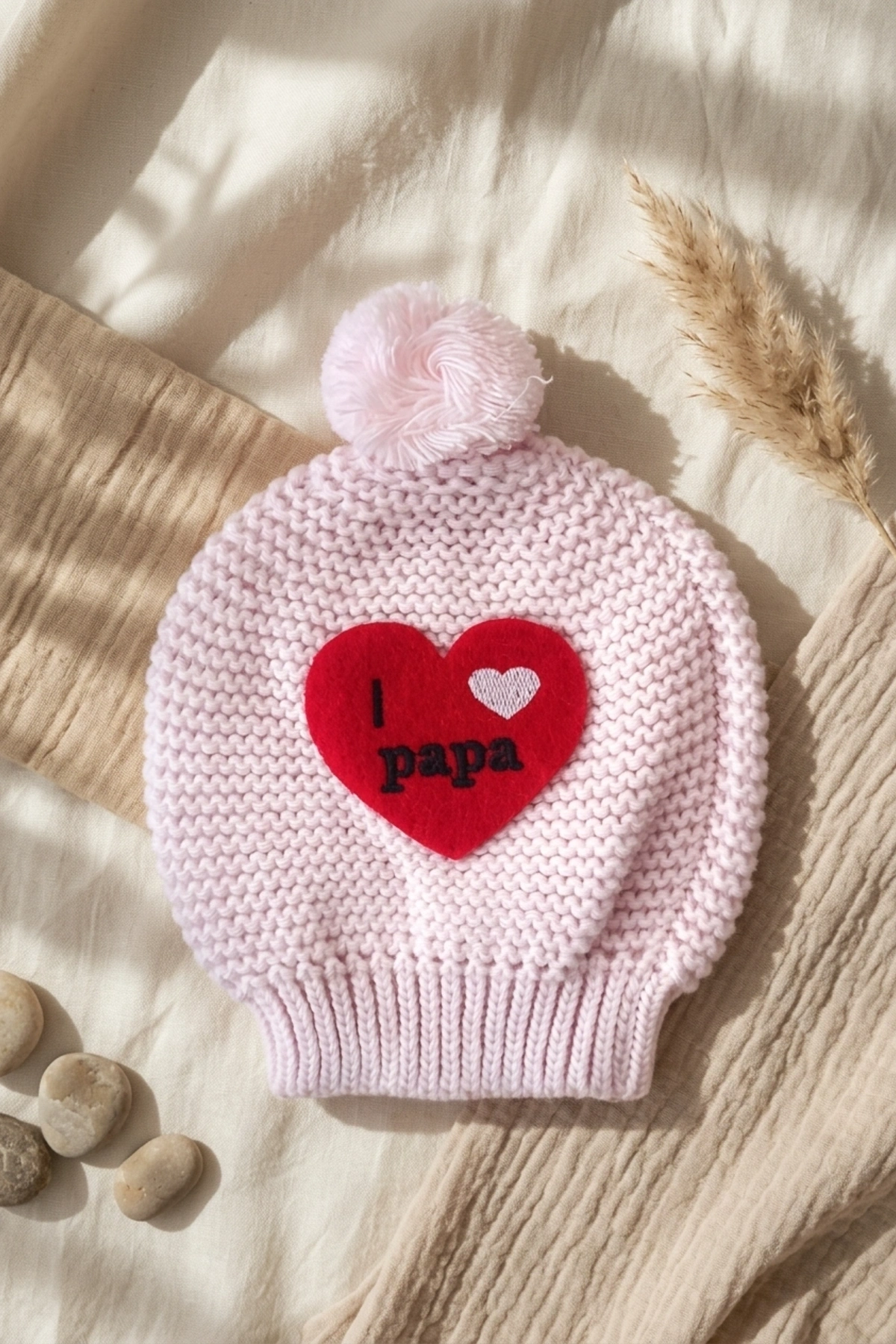 Pembe Triko Kalp Detaylı I Love Papa Ponponlu Yumuşak Bebek Beresi 0-6 Ay