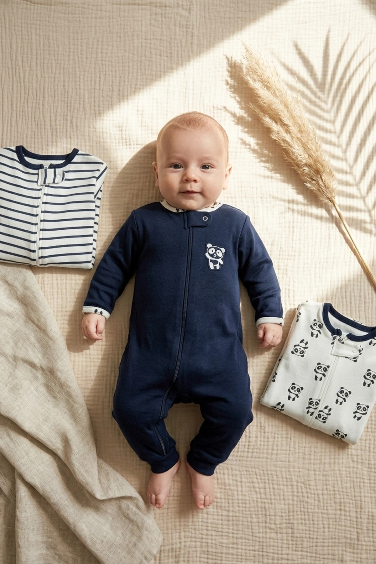 Premium %100 Pamuklu Panda Figürlü Bebek Tulum 3lü Set - Çene Korumalı Fermuarlı Yumuşak Doku