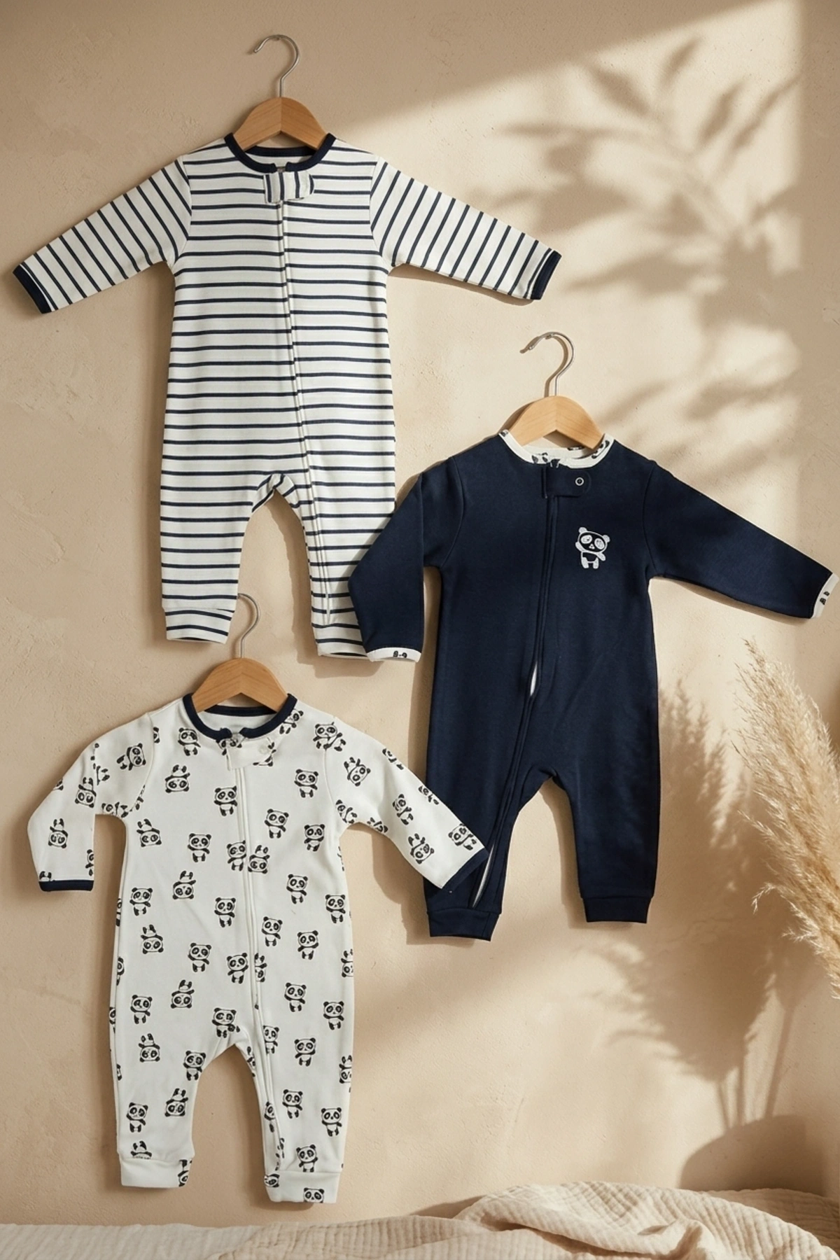 Premium %100 Pamuklu Panda Figürlü Bebek Tulum 3lü Set - Çene Korumalı Fermuarlı Yumuşak Doku