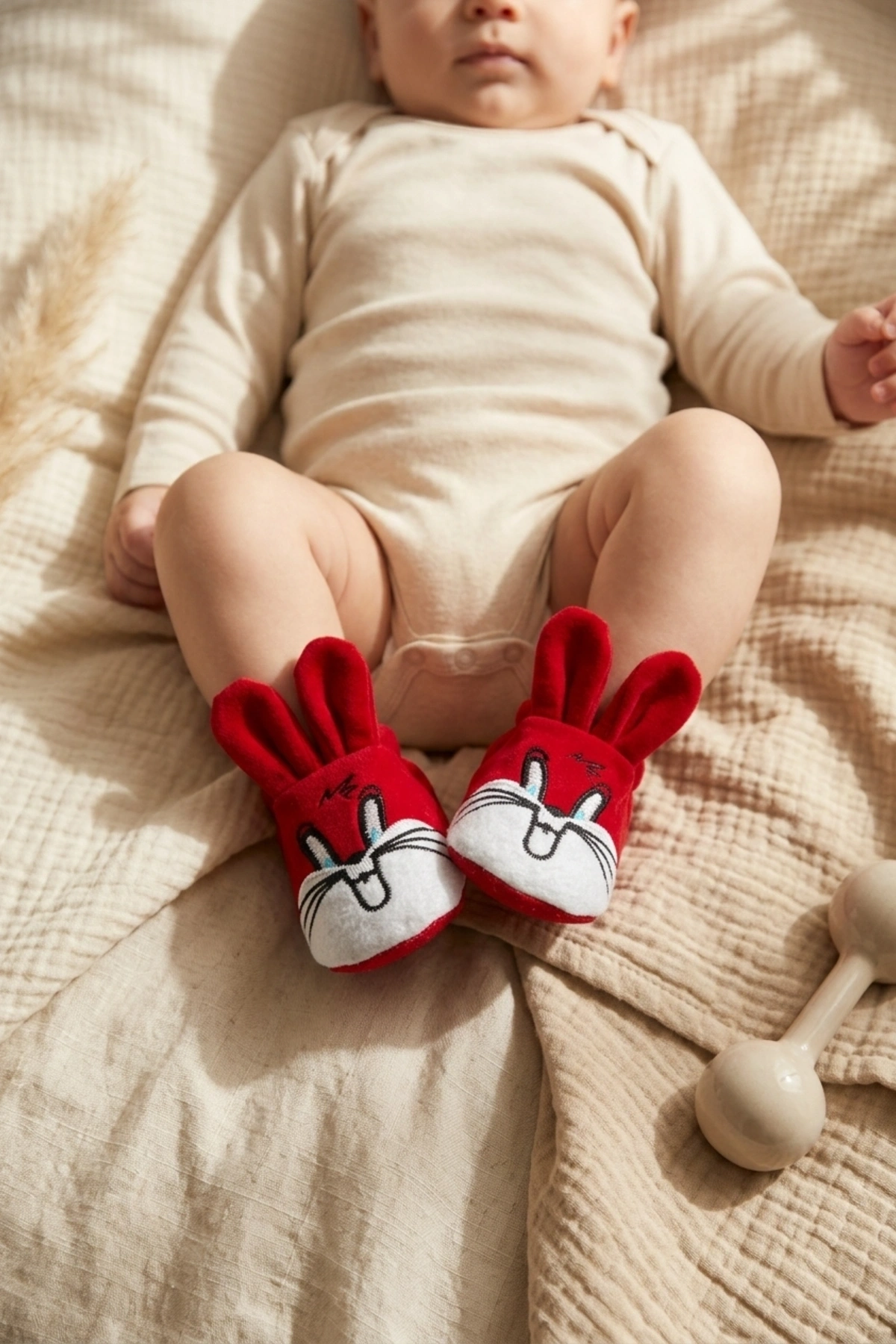 Ruby Bunny Kırmızı Tavşan Nakışlı Pamuklu Bebek Patik - Yumuşak Dokulu İlk Adım Ev Ayakkabısı