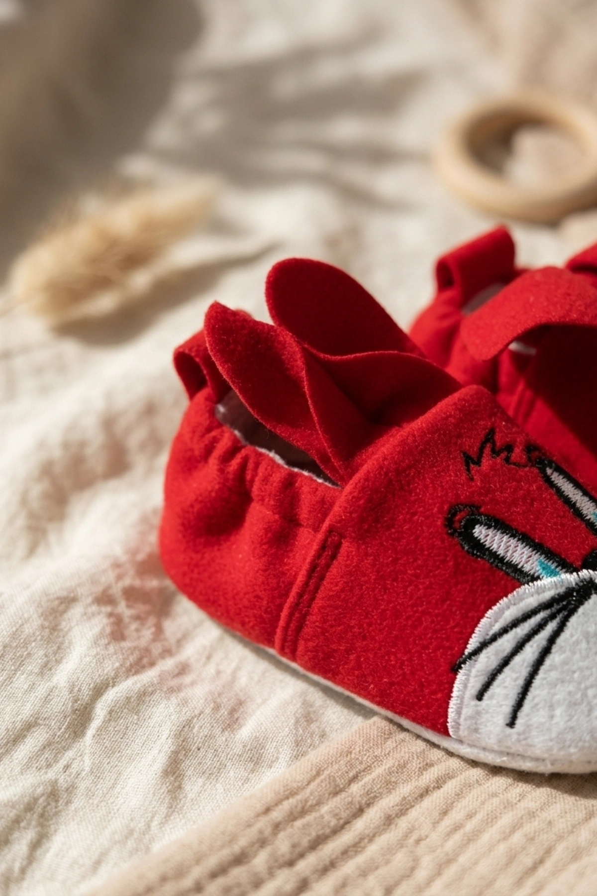 Ruby Bunny Kırmızı Tavşan Nakışlı Pamuklu Bebek Patik - Yumuşak Dokulu İlk Adım Ev Ayakkabısı