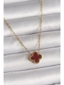 316L Çelik Gold Renk Bordo Yonca Model Kadın Kolye