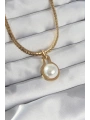 316L Çelik Gold Renk Yassı Zincir İnci Taşlı Kolye