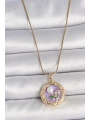 316L Çelik Gold Renk Zincir Mor Çiçek İşlemeli İnci Detay Potre Model Kadın Kolye
