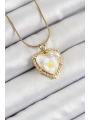 316L Çelik Zincir Beyaz Sanatsal Portre İnci Detaylı Papatya Figürlü Kalp Model Gold Renk Kadın Kolye