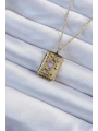 316L Çelik Zincir Eskitme Altın Renk Pembe Mineli Kalp Figürlü Tarot Kolye