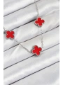 316L Çelik Zincir Gümüş Kırmızı Renk Yonca Kadın Kolye