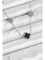316L Çelik Zincir Gümüş Renk Siyah ve Zirkon Taşlı Yonca Kadın Kolye