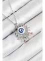 316L Çelik Zirkon Taşlı Nazar Model Gümüş Renk Kadın Kolye