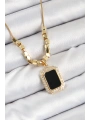 316L Çelik Zirkon Taşlı Siyah Baget Model Gold Renk Kadın Kolye