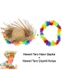 Hawaii Tarzı Tropikal Çiçekli Hasır Şapka ve Çiçekli Hawaii Kolye (5047)