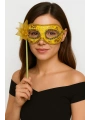 Lüks Taşlı Saplı Maskeli Balo Maskesi Altın Renk 35 cm (5047)