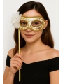 Lüks Taşlı Saplı Maskeli Balo Maskesi Beyaz Renk 35 cm (5047)