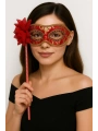 Lüks Taşlı Saplı Maskeli Balo Maskesi Kırmızı Renk 35 cm (5047)