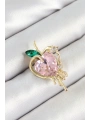 Pembe Ve Yeşil Zirkon Taşlı 3D Eriyen Kalp Figürlü Gold Renk Kadın Broş