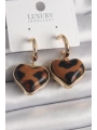 Pirinç Gold Renk 3D Kalp Leopar Desen Model Kadın Küpe