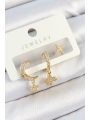 Pirinç Zirkon Taşlı Çiçek Ve Ay Model Gold Renk 3lü Çift Kadın Küpe Set