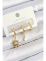 Pirinç Zirkon Taşlı Güneş Model Gold Renk 3lü Çift Kadın Küpe Set
