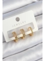 Pirinç Zirkon Taşlı Halka Model Gold Renk 3lü Çift Kadın Küpe Set