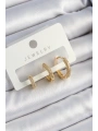 Pirinç Zirkon Taşlı Halka Model Gold Renk 3lü Çift Kadın Küpe Set