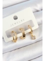 Pirinç Zirkon Taşlı Halka Model Gold Renk 3lü Çift Kadın Küpe Set
