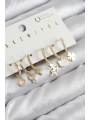 Pirinç Zirkon Taşlı Hello Kity Ve Yonca Model Gold Renk 6lı Küpe Set