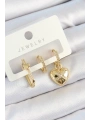Pirinç Zirkon Taşlı Kalp Model Gold Renk 3lü Çift Kadın Küpe Set